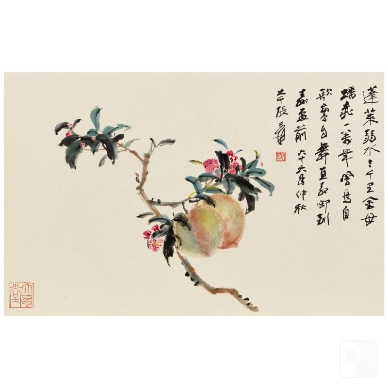 張大千（1899-1983）蟠桃獻壽 設色紙本 鏡框 一九七七年作 | ZHANG DAQIAN (1899-1983)